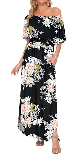 Image of AUSELILY Womens Off Shoulder Ruffle Split Summer Maxi Dresses with Pockets | Off-shoulder Ruffle dress with empire waist & side split for summer beach and casual parties