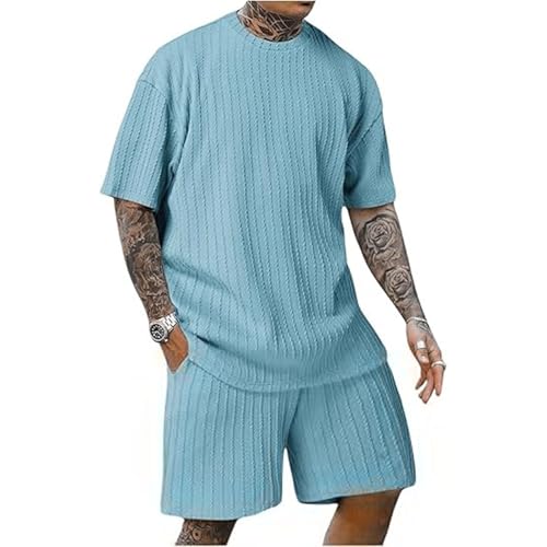 SMUXP Chándal casual para hombre, conjuntos cortos texturizados de 2 piezas, camiseta de manga corta y parte inferior, traje deportivo para correr, 1#Azul claro, XXL