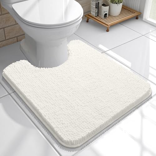 Image of OLANLY Toilet Rugs U-Shaped 20x20, Extra Soft Absorbent Chenille Contour Bathroom Rugs for Toilet, Dry Quickly, Machine Washable, Non-Slip Bath Mat, Ivory