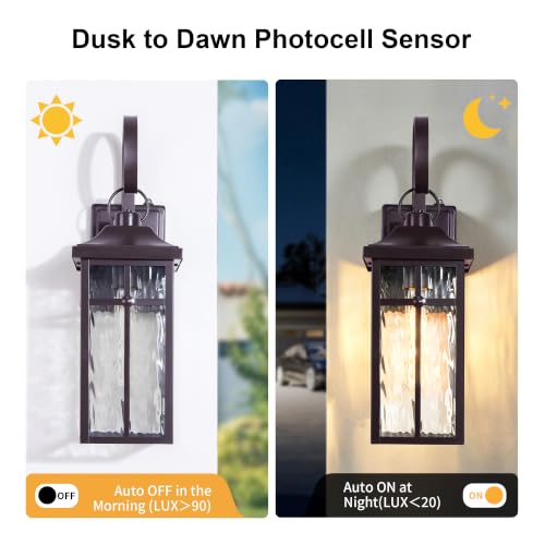 Image of 2 Pack Dusk to Dawn Outdoor Wall Lights, 19 inch Brown | Exterior Wall Mount Light Fixtures with Water Ripple Glass, Waterproof Outside Wall Sconces for Garage Patio Entryway