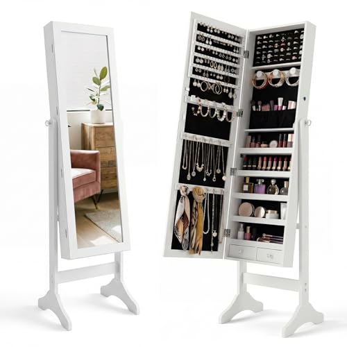 Antok Jewelry Cabinet with Full Length Mirror & Large Storage - 61" Standing Lockable Armoire Organizer, Floor to Ceiling Model for Bedroom or Dressing Room, White