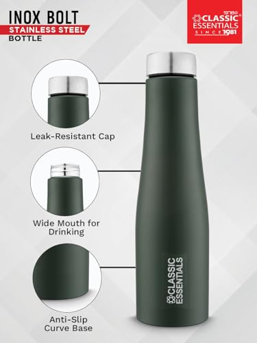 Image of CLASSIC ESSENTIALS PURO Stainless Steel Water Bottle (1000 ml) | Suitable for Fridge office, Bottle, Hiking, Treking | Eco Friendly, Leakproof, BPA Free Non-Toxic Bottle (Set of 1) (Dark Green)