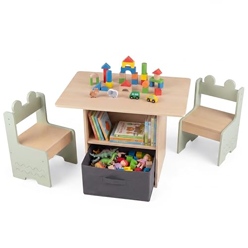GOPLUS Conjunto de Mesa y Sillas Infantiles, Mesa con 2 Sillas, Cajón de Tela Desmontable, 2 Compartimentos Abiertos, Muebles de Actividad para Niños de 3+ Años, Sala de Juegos, Hogar (Verde)