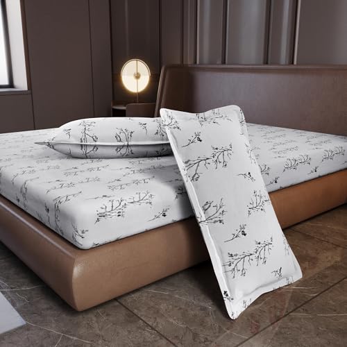Image of Divine Casa 210 TC Cotton King Size Bedsheet | Soft Breathable Pigment Twill Satin Bed Sheet with 2 Pillow Covers | Luxury Double Bed Bedsheet | 275 x 275 cm (Natural Grey, Floral)