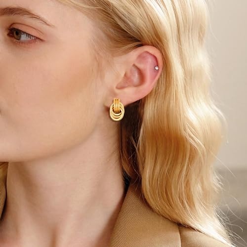 Gold Clip On Earrings for Women Knot Link Trendy Chunky Non Pierced Earring 14K Gold Plated Hoops Drop Dangle Earrings Lightweight Jewelry2