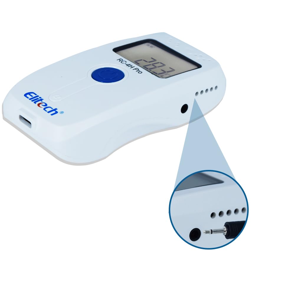 Side view of Elitech RC-4H Pro data logger with a close-up of the external probe port.