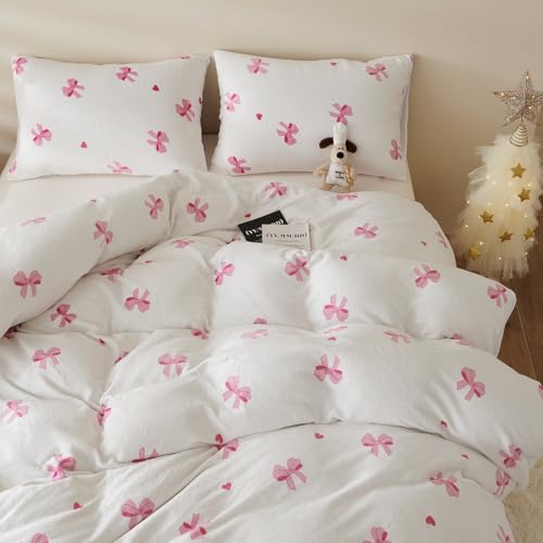 Flanell Bettwäsche 155x220 Rosa Schleifen Kawaii Winter Warm Biber Plüsch – Ansicht 4