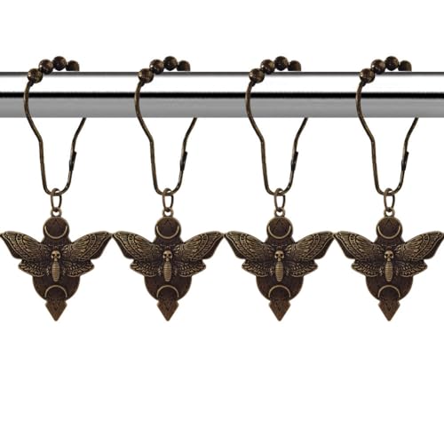 Gothic Death Moth Skull Shower Curtain Hooks Rings, Rustproof Vintage Bronze Shower Hook 12PCS with Death Moth Skull Moon Mystic Celestial Theme Bathroom Decorative Accessories (Bronze)