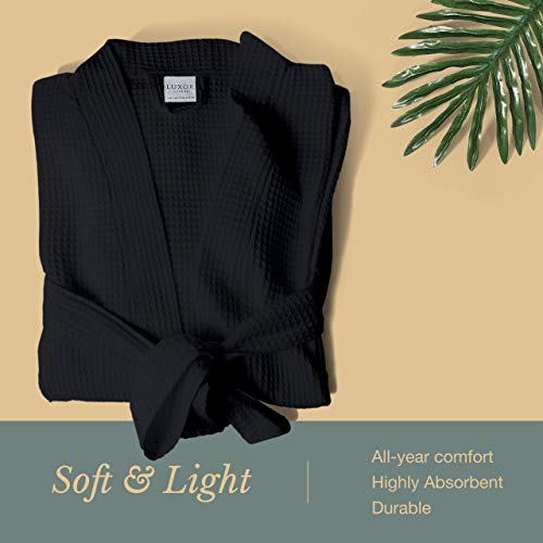 Luxor Linens Waffle Weave Spa Bathrobe - Ciragan Collection - Luxurious, Super Soft, Plush & Lightweight - 100% Egyptian Cotton (1 Robe - No Monogram, Black) #TOP4