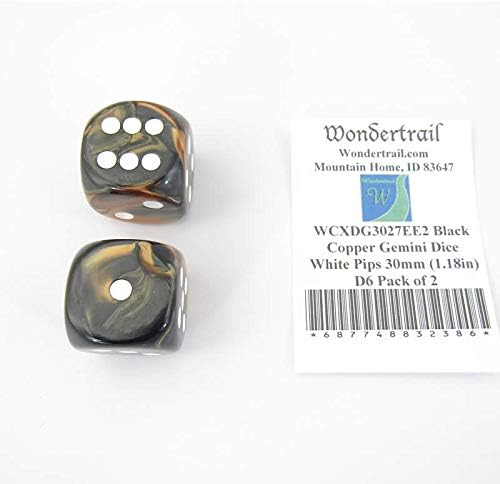 Black and Copper Gemini Dice with White Pips 30mm (1.18in) D6 Pack of 2 Wondertrail