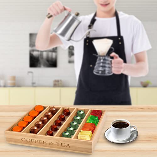 Coffee & Tea Station Organizer - 4 Removable Dividers, Bamboo Coffee Bar Accessories Storage Container For Countertop, Farmhouse Kcup Coffee Pod Holder Tea Organizer With Handle For Coffee Lover #TOP6