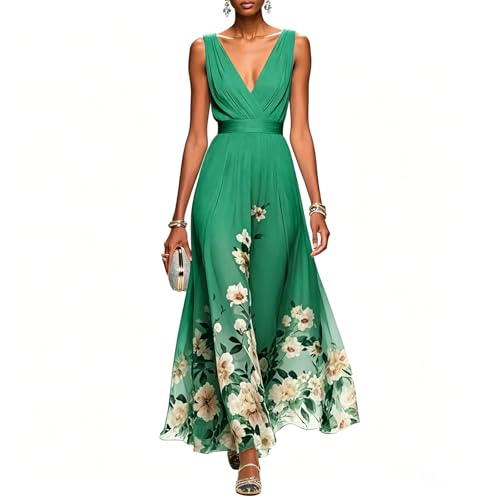 Générique Robe Femme Chic Et Elegant Robe Femme Chic et Elegant de Soirée Longue Col V À Fleur Mousseline Longue Maxi Dress Plage D'Été Cocktail Mariage...