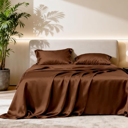 Image of Soft and Silk Satin Bedsheet for Single Bed - 400 TC Romantic Bedsheet Set for Bedroom | Bridal Wedding Bedsheet with Pillow Cover | Ideal for Gifting Brown, Single Bed