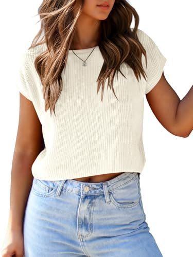 Image of Saodimallsu Womens Cap Sleeve Crop Tops Summer Trendy Going Out Crew Neck Loose Knit Cropped Sweater Vest Tank Top