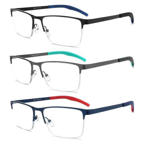 DONGDI Blue Light Blocking Reading Glasses With Spring Hinge Metal Full Frame Lightweight Computer Readers (3 Mix Colours, 2, Diopters) Cover