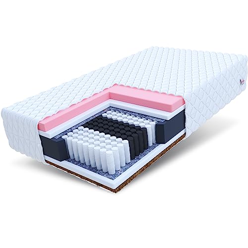 FDM IVREA Taschenfederkernmatratze 90x200 cm Matratze 22 cm Höhe Memory Foam 7 Zonen Kokos H3/H5 Mittelhart/Sehr Hart (60-130 kg) Allergikergeeignet Waschbarer Bezug