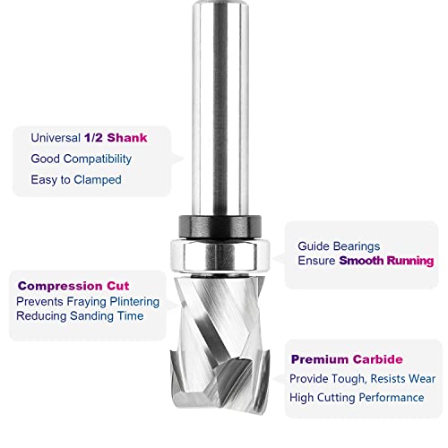Spetool Top Bearing Compression Flush Trim Router Bit 1/2 Shank 7/8 Inch Cutting Diameter ,Carbide Spiral Up&Down Pattern Template Router Bits For Wood Trimming #TOP3