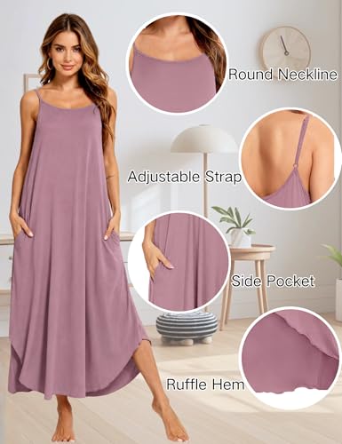 Image of SWOMOG Women Long Nightgown Pajama Dress Soft Strap Nightdress Summer Sleeveless Nightshirt Lounge Dress with Pockets