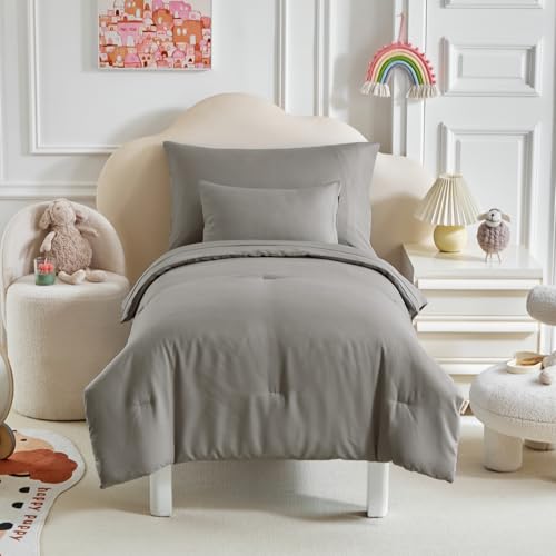 Image of Kids Comforter Sheet Set - Soft and Breathable Bed Set Includes Quilted Comforter, Fitted Sheet, Flat Top Sheet, Pillowcase and Toddler Pillowcase for Toddler - 5 Pieces Toddler Bedding Dark Gray