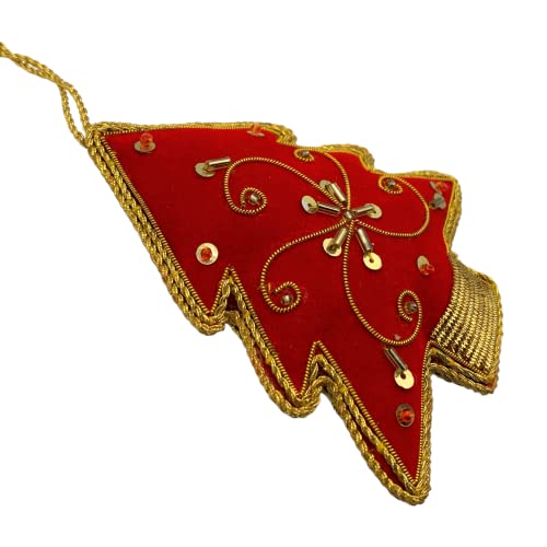 Zari Christmas Ornament, Red Tree, Zardozi Embroidery, Gift Bag, Crafted In India #TOP2