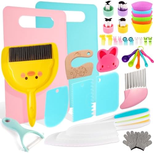 Kids Cooking and Toddler Knife Toys Set - 35Pcs Knifes for Real Cooking and Baking Accessories , Toddlers Kitchen Tools Ages 3-10 Kids Birthday Gift