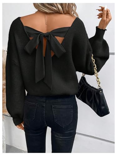 Image of GORGLITTER Women's Bow Fall Sweaters 2025 Cable Knit Chunky Oversized Long Sleeve Backless V Neck Pullover Tops