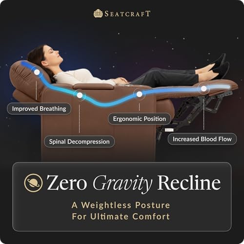 Image of Seatcraft Monterey Tobacco Italian Leather Home Theater Seating, Zero Gravity Power Recliner, Gaming and Home Office Chair, Powered Headrest Furniture for Family Cinema Room, Single Recliner