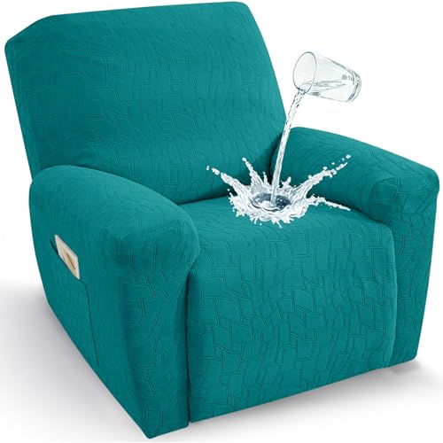 Image of ZNSAYOTX 100% Waterproof Recliner Chair Covers, 3-Piece Stretch Fit Recliner Slipcovers with Buckle & Elastic Band for Lazy Boy, Stay in Place, Soft Plaid Jacquard Protector (Large, Peacock Teal)