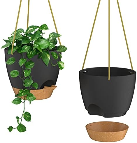 ZMTECH 2 Pack 8 Inches Hanging Plant Pot 20cm Garden Ornaments Flower Pots with Visible Water Level Tray Drainage Holes Removable Saucer for Indoor Outdoor Plants(Dark Grey)