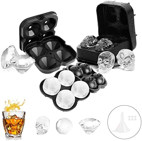 KUSARKO Ice Cube Trays 3D Skull Ice Mold, Silicone Round Ice Cube Trays For Freezer With Lid, Whiskey Ice Ball Maker Mold For Halloween,Christmas,Party (3-piece Set)