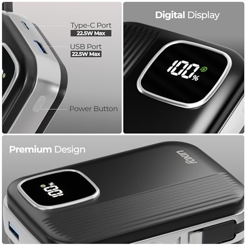 Image of Foxin ChargeX 20 Pocket Power Bank 20000mAh 22.5W Super Fast Charging | Type C & 8 Pin Dual Output Ports| Type C & USB Input & Output |Supports Android, Apple, Tablets | Built-in-Cable | Black