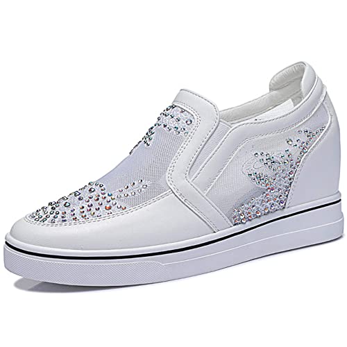 HINDOLA Women's Wedge Sneakers Platform High Heel Mesh Breathable Shoes Fashion Rhinestone Walking Shoes White
