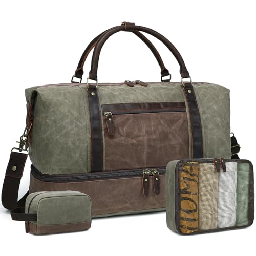Duffle Bag for Travel: Weekender Overnight Bag Waterproof Waxed Canvas Vintage Duffel Bag with Shoe Compartment & 2 Packing Cubes, Heavy Duty Camping Flight Bags for Mens (Army Green)