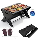 GFTIME Tragbarer gasgrill mit Stecksystem, Gas & Holzkohlebetrieb – Inkl. Gusseisen Grillplatte,Tragetasche, Mobiler Steck-Gasgrill, Perfekt für Camping, Garten, Balkon, Outdoor, Dreieckiger Gasgrill