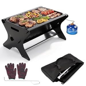 GFTIME Tragbarer gasgrill mit Stecksystem, Gas & Holzkohlebetrieb – Inkl. Gusseisen Grillplatte, Tragetasche, Mobiler Steck-Gasgrill, Perfekt für Camping, Garten, Balkon, Outdoor, Dreieckiger Gasgrill