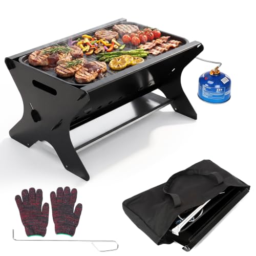 GFTIME Barbecue à gaz portable avec système d'emboîtement, fonctionne au gaz et au charbon de bois - Avec plaque de cuisson en fonte, sac de transport, barbecue à gaz mobile, parfait pour le camping