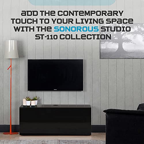 Image of SONOROUS ST-110 Premium TV Stand with Black Glass & Black Wood Cover - Modern Entertainment Center & Media Console for Living Room - TV Cabinet up to 65 Inch with Hidden Wheels - Sleek Storage Design