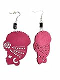Wooden Flower Turban African Woman Head and Bead Dangle Hook Earrings - Fuchsia, Black Bead