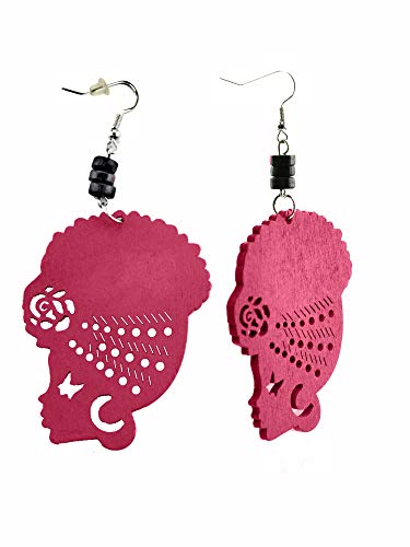 Wooden Flower Turban African Woman Head and Bead Dangle Hook Earrings - Fuchsia, Black Bead