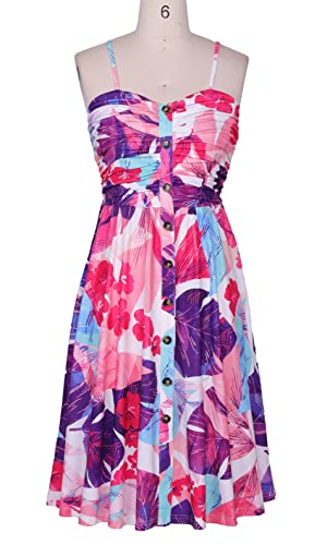 Image of Women's Summer Casual Dress Florals Buttons Down Ruched Sweetheart Neck Sleeveless Midi Sundress