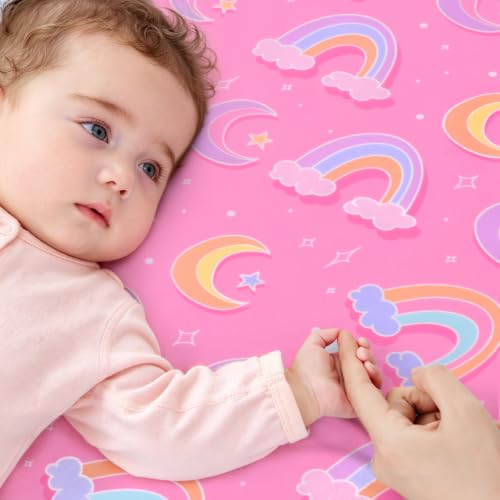 Image of JISEN Baby Fitted Crib Sheets for Boys Girls 52x28 Inch Pink Rainbows