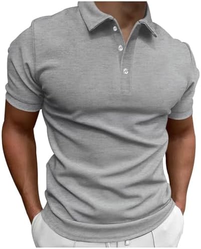 Mens Golf Shirts for Exercise Collared Button Down Tshirt Fitted Breathable Tees Summer Short Sleeve Tops Gray