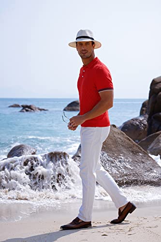 Mens Lapel Collar Knitting Golf Shirts Classic Fit Texture Fashion Polo Shirt For Golf Watermelon Red L #TOP1