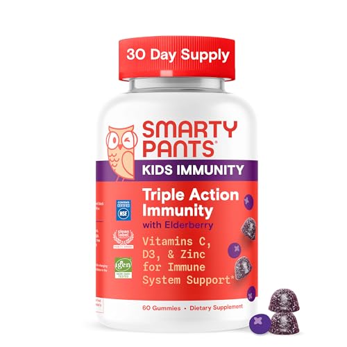 SmartyPants Kids Immunity Elderberry Gummies: Kids Immune Support Supplement, Vitamin C, Vitamin D, Vitamins B6 & B12 and Zinc, Gluten Free, Elderberry Flavor, 60 Count (30 Day Supply)