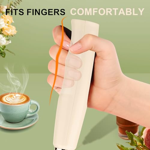 Image of YUSWKO Beige Handheld Milk Frother Wand with Stand for Coffee, Rechargeable Electric Whisk with 3 Heads 3 Speeds Drink Mixer Coffee Frother For Latte, Cappuccino, Hot Chocolate, Egg