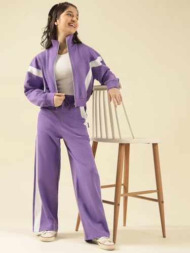 Image of Li'l Tomatoes Girls Solid Fleece Winter Track Suit | Zip-Up High Neck Jacket & Wide-Leg Track Pants | Casual Co-Ord Set | 9-16 Years