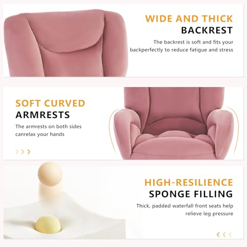 Image of FOXHUNTER Vanity Chair with Ergonomic Back & Wheels, 360 Swivel Accent Chair, Adjustable Height Home Office Chair for Living Room, Bedroom(Velvet Pink)