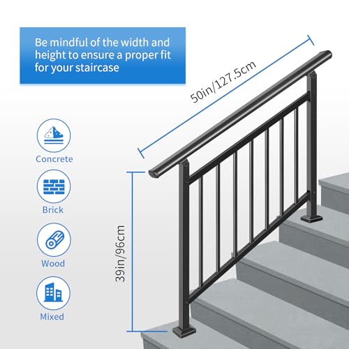 Bobolish Upgrade Handrails for Outdoor Steps, Adjustable 4 Step Stair Railing Kit, Easy DIY Installation Kit Included, Black Wrought Iron Hand Rails for Outdoor Steps, 2 in 1 Stair&Horizontal Railing - Thumbnail 2