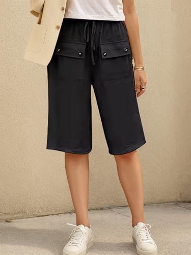 Women's Loose Drawstring Cropped Pants Solid Front Pockets with Buttons and Drawstring Straight Leg Trousers - Main Image