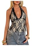 BEAUDRM Women's Lace Going Out Tops Sexy Polka Dots Elegant Halter Tops Y2k Tie Backless Sleeveless Fitted Party Club Outfits Black Small